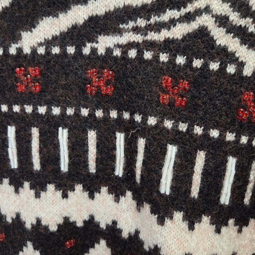 Kate Spade New York Zebra Fair Isle Wool Sweater Red/Black Beaded Size Large - Picture 4 of 9
